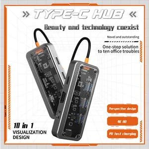 Hub usb c transparan gaya punk, hub jaringan Gigabit hub USB 3.0 hub 10 dalam 1 hub Tipe c