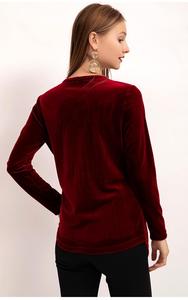 Camicetta alla moda in velluto Vintage con scollo a V per <span class=keywords><strong>donna</strong></span> Design <span class=keywords><strong>marrone</strong></span> personalizzato con paillettes autunno/primavera a maniche lunghe anteriore per il commercio all'ingrosso - Product Image 4