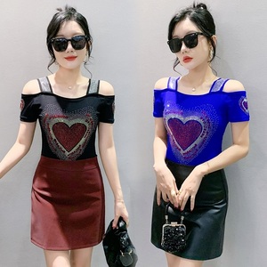 Luxury Diamond <strong>Red</strong> Heart Women <strong>Tops</strong> Square Collar Rhinestone T Shirts Double-layer Ice <strong>Silk</strong> Mesh Breathable T-shirt for Girls - Product Image 3