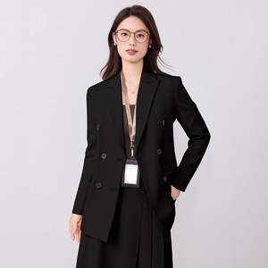 Women's Grey Suit Set Midi Skirt Double Breasted Office Lady Professional Formal Wear Anti-Wrinkle Polyester Fabric - Product Image 3