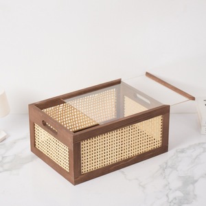 Panier de rangement en bois de style japonais, rectangulaire, avec poignée, en rotin tressé brun foncé, pour le salon, le rangement des jouets et des livres - Product Image 3
