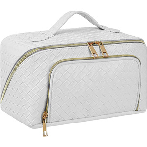 Bolsa de cosméticos trenzada de cuero resistente al agua, cierre de cremallera, tejido portátil, viaje de cuero para neceser, estuche de maquillaje plano - Product Image 5