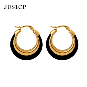 2024 Fashion Vintage Jewelry 28mm*30mm Stainless Steel Hoop Earrings 2 Colors Black White Enamel Earrings For Women