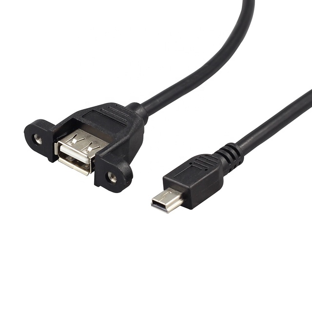 USB Mini B to USB Female Extension Cable Mini 5pin Male PVC Jacket Braid Shielding 3A Fast Charging Panel Mount for Computer Use