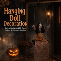 SIPKLR Décoration de poupée oscillante d'Halloween 140 cm, ours en peluche avec yeux rouges LED et robe florale, pour fête de porche
