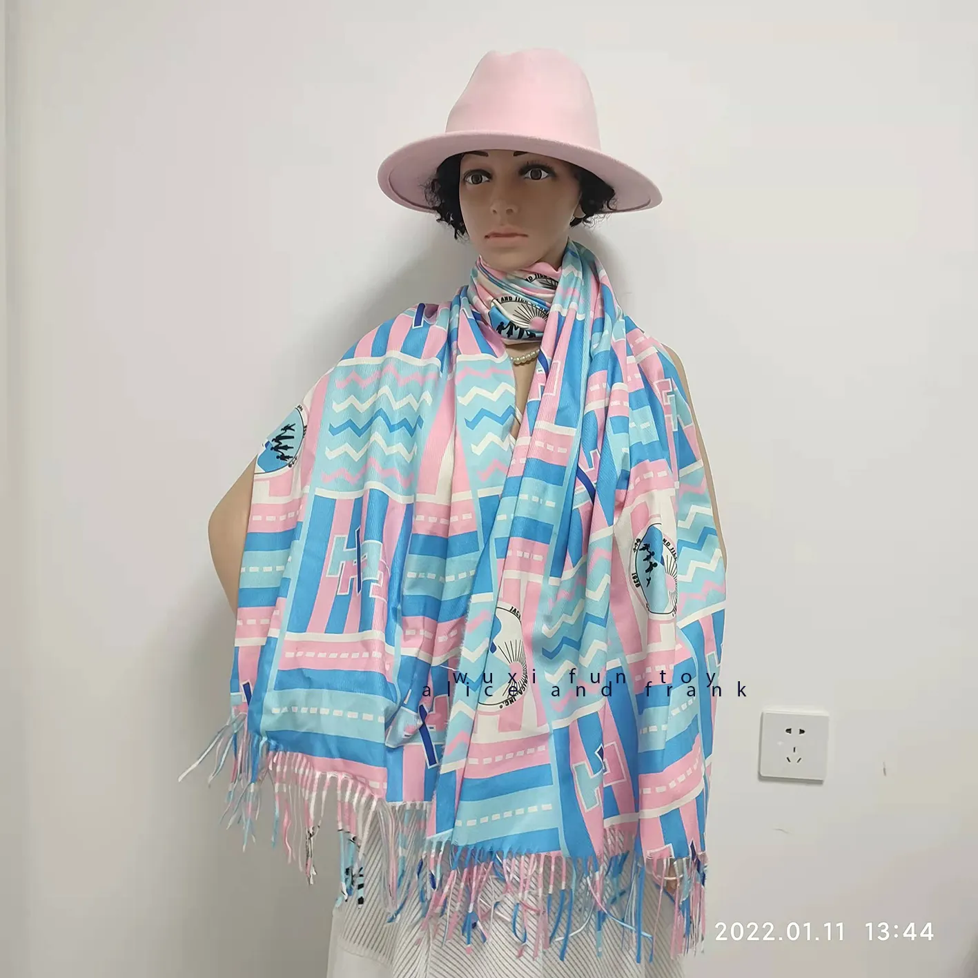 Chal de lana de imitación para mujer, bufanda JJ rosa y azul claro, con flecos, 200x70cm, oferta