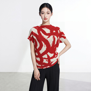 PY Women's Geometric Print Woven Cap Sleeve Stand Collar T-Shirt O-Neck Slim Fit Casual <b>Spring</b> Summer 100% Polyester Breathable - Product Image 2