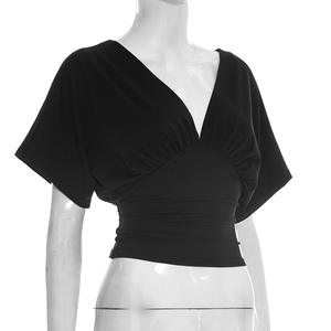 Viviblook J26TP033 Nouveau T-shirt décontracté pour femme, pull à col en V, manches chauve-souris, taille cintrée, haut pour femmes - Product Image 3