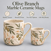 Tasse à café en céramique marbrée Olive Branch, motif floral botanique, en porcelaine, motif personnalisé, couleur, boîte cadeau, vente en gros