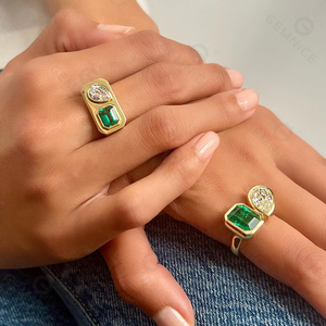 Gemnel Bezel Set 925 Silver Emerald Pear Diamond Unique <strong>Two</strong> <strong>Stone</strong> Engagement Band Wedding <strong>Ring</strong> - Product Image 5