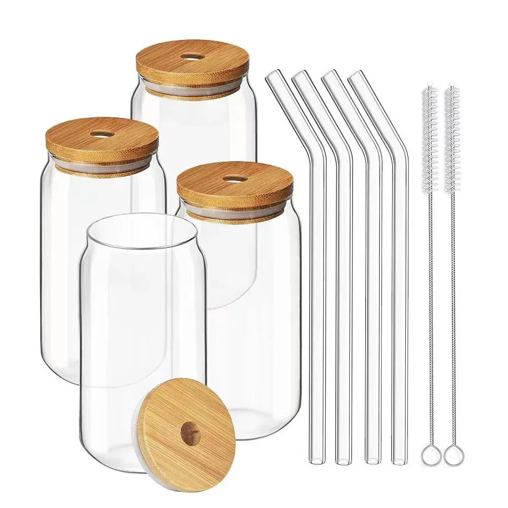 Hoge Borosilicaatglas Transparante Beker Met Bamboe Houten Deksel En Glas Stro Voor Drinken Keuken Food Thee Koffie Wijn