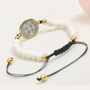 Pulsera Católica de <span class=keywords><strong>San</strong></span> <span class=keywords><strong>Benito</strong></span> con Cuentas de Turquesa Tejida y Ajustable Rosario de Exorcismo Artículo Sagrado Cuentas de Oración Joyería al por Mayor - Product Image 6