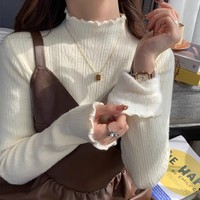 Haut en maille côtelée pour femme, col montant à volants, en peluche, coupe ajustée, style Y2K, streetwear, décontracté, pour le quotidien