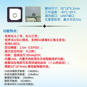 โมดูล Beidou ขนาด 18x18x6.2 มม. รุ่น B1I/B1C ความแม่นยำ 1.5 เมตร อินเทอร์เฟซ UART สำหรับเครื่องจักรกลการเกษตร - Product Image 1