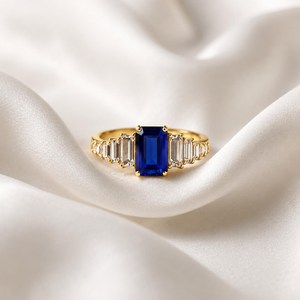 <b>Emerald</b> Cut Blue Sapphire <b>Ring</b> Minimalist Engagement <b>Ring</b> CZ Wedding <b>Ring</b> Handmade 925 Sterling <b>Silver</b> with 18K Gold Filled - Product Image 3