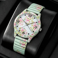 Jam Tangan Wanita Modis Set Perhiasan Jam Tangan Kuarsa Wanita Tali Elastis Motif Bunga Reloj Mujer (Tanpa Kotak)