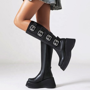 Metal Buckles Wedge <b>Heels</b> Women Winter Knee High Boots Thick Sole <b>Round</b> <b>Toe</b> Mid Calf Booties Zip Patent Platform Shoes - Product Image 3