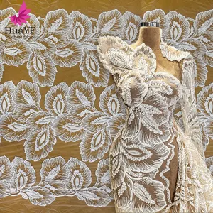 Hot sale pure white african wedding bridal embroidery floral beaded lace with sequins dress fabric for 5 yards HY1779