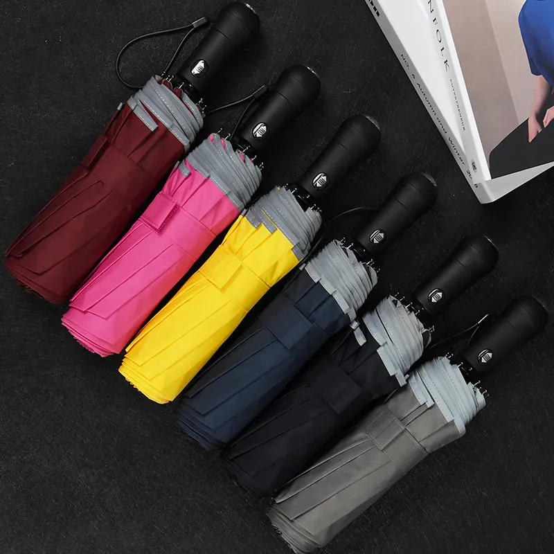 Custom no minimum automatic folding pongee 3 fold foldable reflective safety umbrella led light