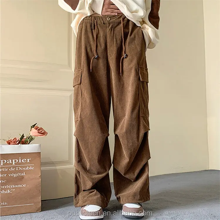 Groothandel Bruine Corduroy Broek Heren Corduroy Big Pocket Gebonden Voeten Trekkoord Cargo Broek Joggingbroek Joggingbroek