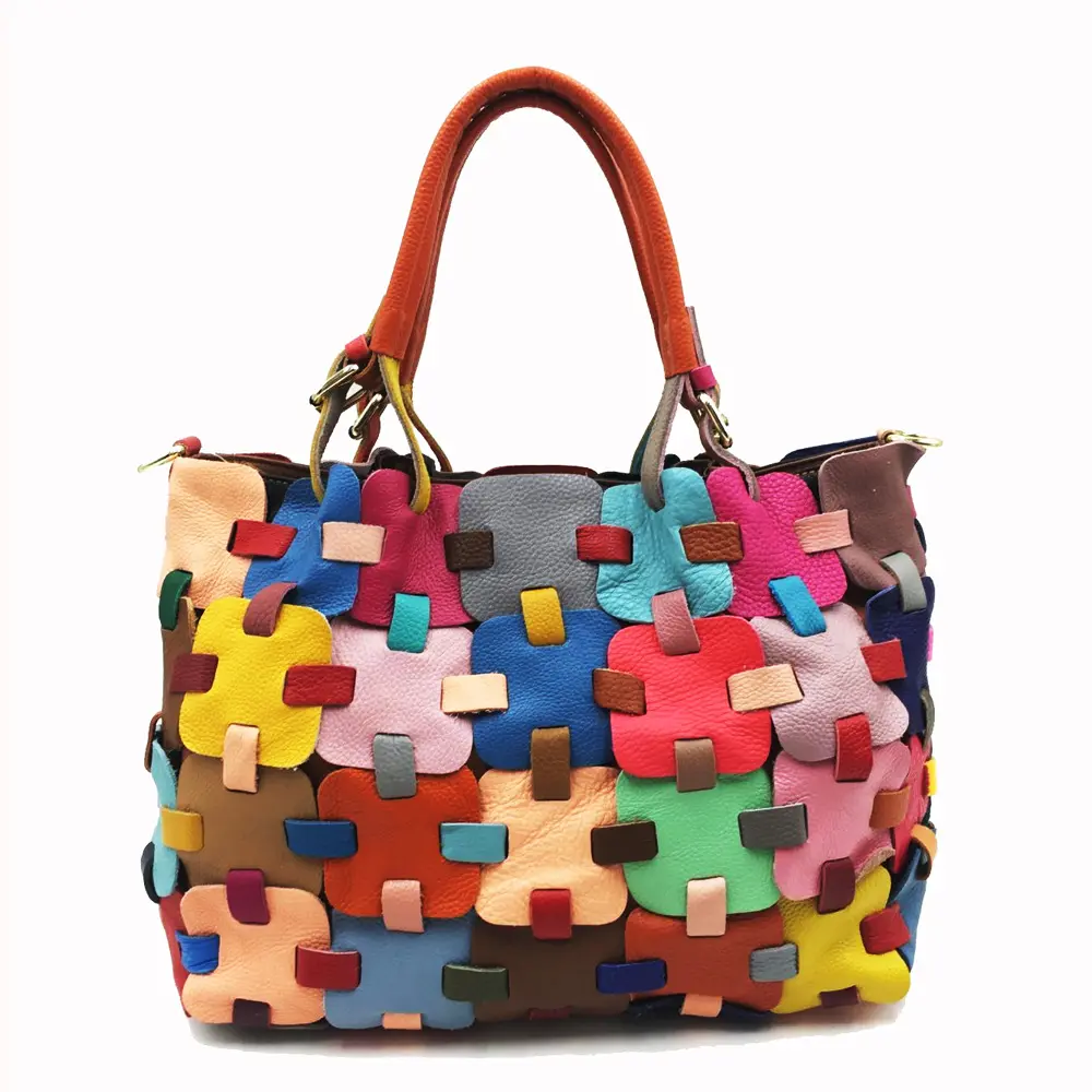 Fashion Women's Bag Handmade Spliced Square Handbag Crossbody Bag Colorful Genuine Leather Women's Bag