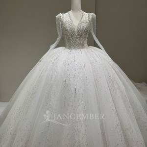Vestido de Novia de Tul Blanco Brillante Lscm87, con Cuentas de Cristal, Manga Larga, Cuello Ilusión, Estilo Princesa, Vestido de Novia Jancember - Product Image 1