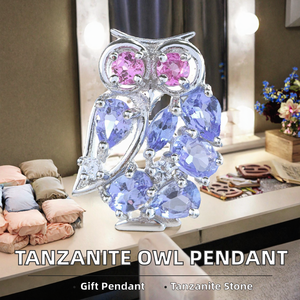 Pendentif hibou en argent sterling 925 plaqué rhodium avec tanzanite naturelle et saphir rose, bijou cadeau pour femme - Product Image 2