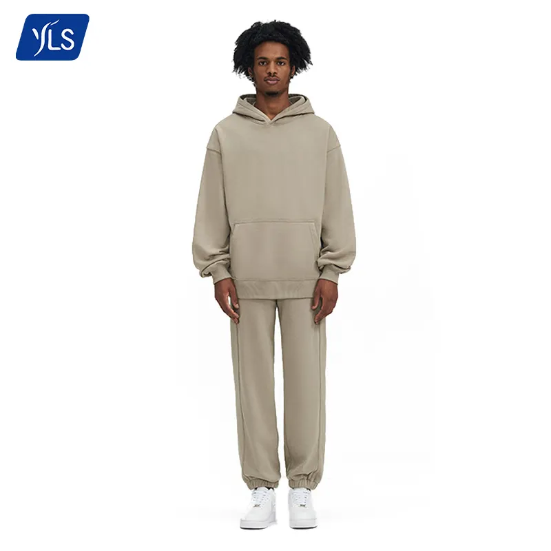 YLS Mens कस्टम लोगो OEM ऊन 390G Sweatsuit सादे ट्रैक सूट खेल 2 टुकड़ा टहलना और Hoodies सेट कपास tracksuits