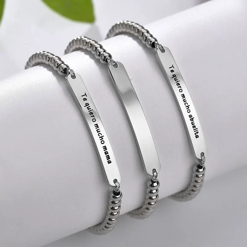 Customize Silver Tone 42 Beaded Elasticity Bracelet Spanish Letter TE QUIERO MUCHO MAMA ABUELITA Stainless Steel Beaded Bracelet