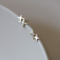 Boucles d'oreilles clous en argent sterling S925 plaqué or 14 carats, motif étoile à quatre branches, petites boucles d'oreilles étoile avec clous d'oreille pour cartilage