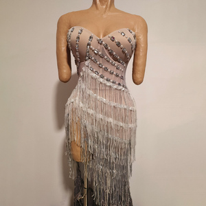 Robe de soirée TianYi à franges en cristal dégradé argent-noir, bustier sans bretelles à motif treillis, longueur ras du sol, costume de scène pour showgirl - Product Image 4