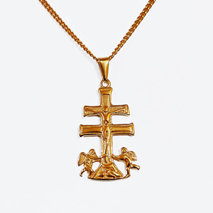 Colgante de acero inoxidable con forma de <span class=keywords><strong>cruz</strong></span> de 316L y oro Real de 18k, colgante religioso de <span class=keywords><strong>Caravaca</strong></span>, colgante de <span class=keywords><strong>Cruz</strong></span> con colgante de Ángel y querubín, 35mm - Product Image 1