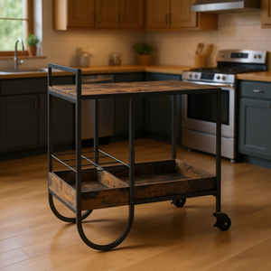 Carrito de Cocina Rústico Marrón de Madera con 2 Estantes, Barra Móvil con Ruedas, Mueble de Cocina - Product Image 2