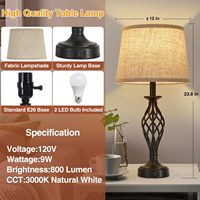 Lampes de table USB 2 pièces modernes 2 ampoules LED abat-jour en tissu à cage spirale noir pour chambre salon table de lecture de chevet E26