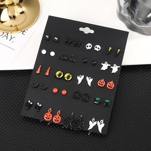 Ensemble de boucles d'oreilles d'Halloween en alliage d'acier inoxydable, motifs citrouille, crâne, fantômes, squelettes, décorations de fête unisexes - Product Image 2