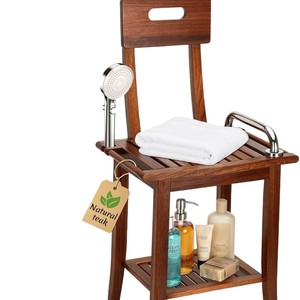 Tabouret de douche en teck avec dossier, rangement double couche, siège antidérapant pour personnes âgées - Product Image 5