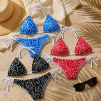 Blauw kant-en-klare badpakset met bloemenprint, van spandex/nylon, milieuvriendelijk, snel drogend, hoge taille, geschikt voor strand en surfen.