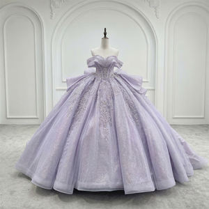 Vestido de Quinceañera Lsmc130 Princesa Morado con Cuentas, Encaje, Apliques Florales, Cintura Natural y Cola Capilla para Fiesta - Product Image 3