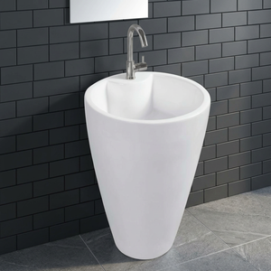 Lavabo de salle de bain autoportant rond en céramique de granit couleur chocolat clair sur piédestal pour usage commercial - Product Image 5