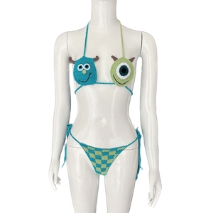 Set di 2 Micro Bikini Verdi Fatti a Mano all'Uncinetto, Costume da Bagno Sexy con Lacci a Quadri Monster INC - Product Image 1