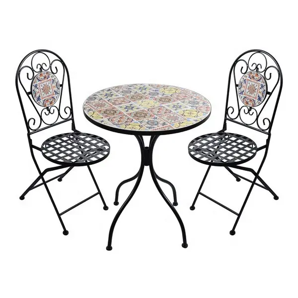 Metal Iron Black Patio Garden Outdoor Furniture Mosaic Bistro Table Chair Set