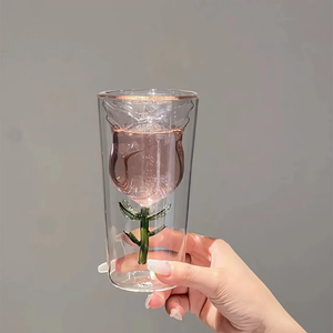 Graziosa Tazza in Vetro Borosilicato a Doppia Parete Rosa con Rosa 3D all'Interno, 200ml, Antigoccia, Trasparente, per Uso Quotidiano - Product Image 4