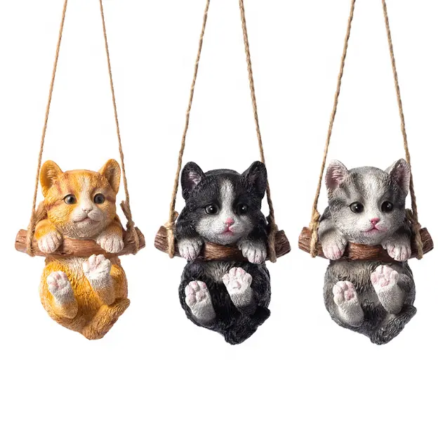 Cute Swing Cat Sculpture Outdoor Patio Ornament Animal Resin Figurine Art Decorative Hanging Cat Statues
