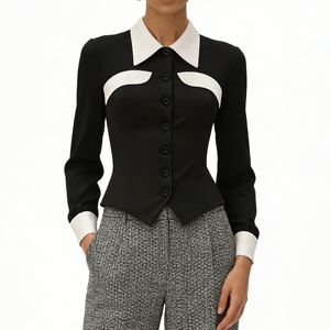 Blusa de Mujer con Bloques de Color en Contraste - Camisa de Manga Larga con Botones al Frente y Dobladillo Asimétrico, Ropa de Mujer a la Moda - Product Image 2