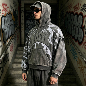 <span class=keywords><strong>Felpa</strong></span> con Cappuccio Oversize Effetto Acid-Wash con Stampa Grafica, Design Retrò Streetwear, Maniche con <span class=keywords><strong>Fiamme</strong></span> e Polsini Decorati con Perline - Product Image 4