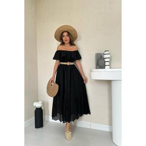 เดรสปักลายเปิดไหล่สีดำ เอวสม็อค ทรงเอ ผ้าทอ สวมใส่สบาย เหมาะสำหรับวันหยุดและงานเฉลิมฉลอง ระบายอากาศได้ดี - Product Image 5