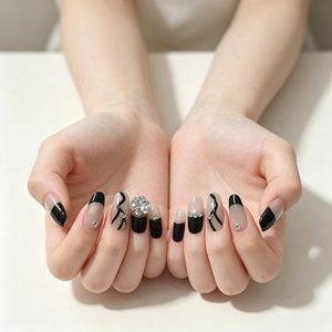 Ensemble de faux ongles minimalistes de luxe faits à la main, ongles amande français nude et noirs avec ligne ondulée dessinée à la main - Product Image 2