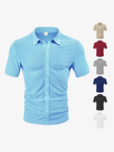 Camisa de hombre de manga corta con cuello tipo cárdigan, transpirable, holgada, con diseño jacquard de toalla, ideal para el verano, en oferta. - Product Image 5