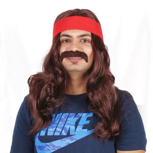 Perruque de fête synthétique longue et ondulée rouge avec bandeau et ensemble de moustache pour fête <span class=keywords><strong>disco</strong></span> des années 70, Halloween, cosplay - Product Image 1