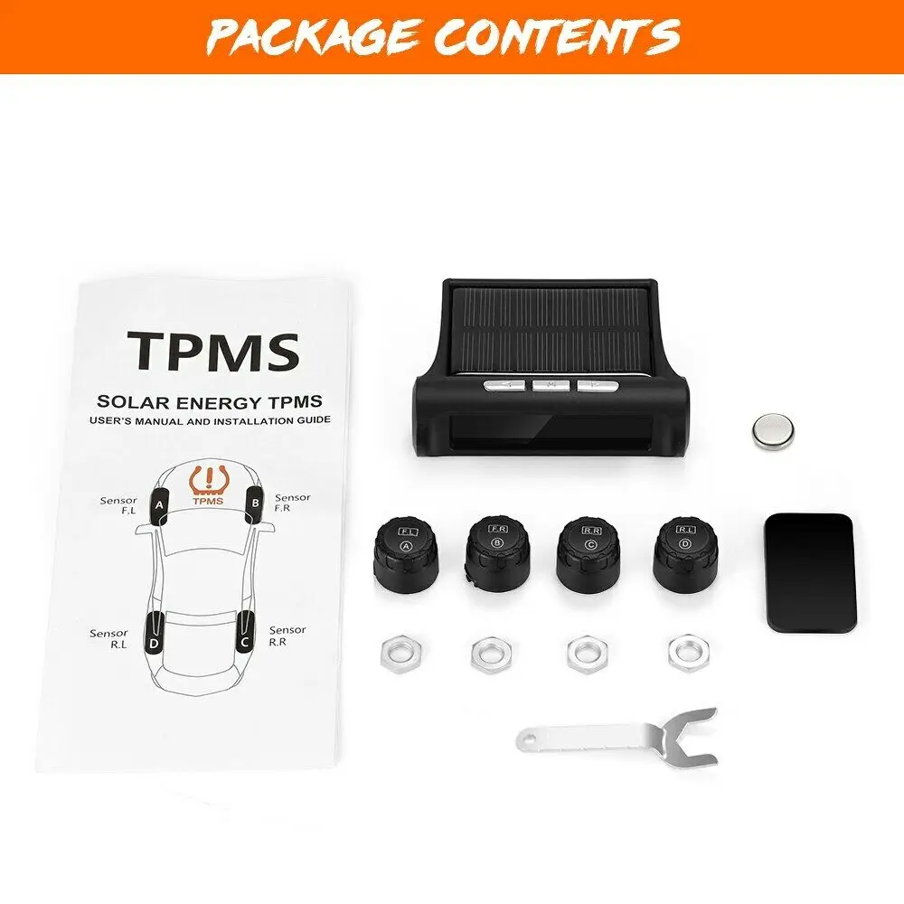 Tire Pressure Monitoring System TPMS Solar Power Universal Wireless with 4 External Sensors Monitor 4 Tires' Pressure and Temper